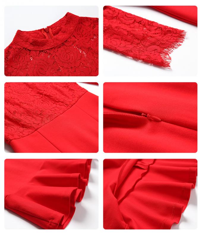 JS 37 새로운 디자인 긴 소매 여자를 위한 빨간 섹시한 복장을 바느질하는 호리호리한 적합 레이스