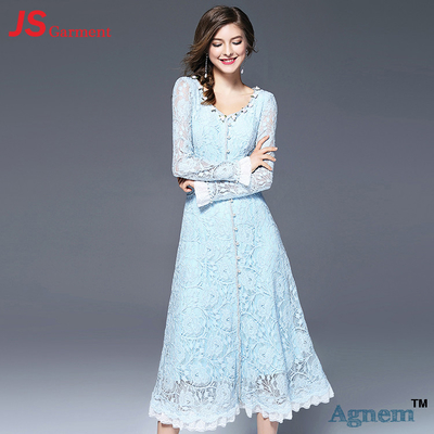 JS 37 도매 새로운 디자인 긴 소매 유행 V 목 꽃 훈장 높은 허리 여자 레이스 복장